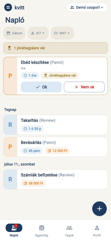 A kvitt naplója: közös tevékenységek jóváhagyással